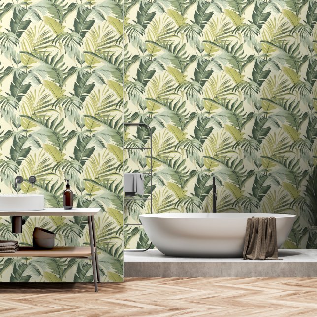 Papier Peint Aquarelle tropicale Feuilles verts Motif sans cout (Salle de bain)