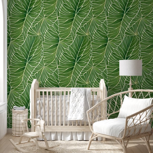 Papier Peint Aquarelle verte Feuille  Motif (Enfants)