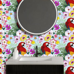Papier Peint Ara rouge Macaw Perroquet Tropical Blanc Hibiscus