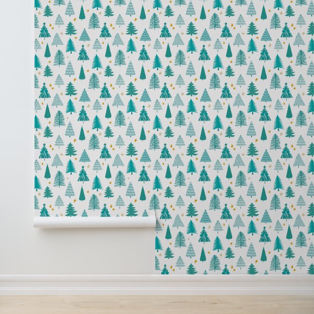 Papier Peint Arbre de Noël vert Festif moderne (Application)
