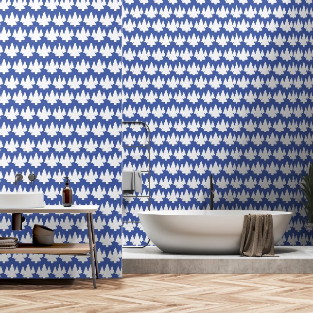 Papier Peint Arbres Blancs Sur Accent Bleu (Salle de bain)