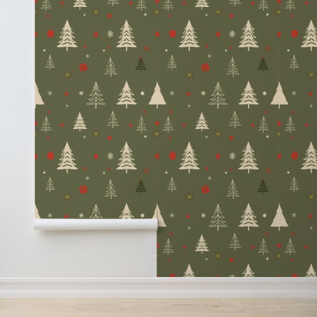 Papier Peint Arbres de Noël rustiques et flocons de neige (Application)