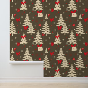 Papier Peint Arbres de Noël rustiques et vaches rouges