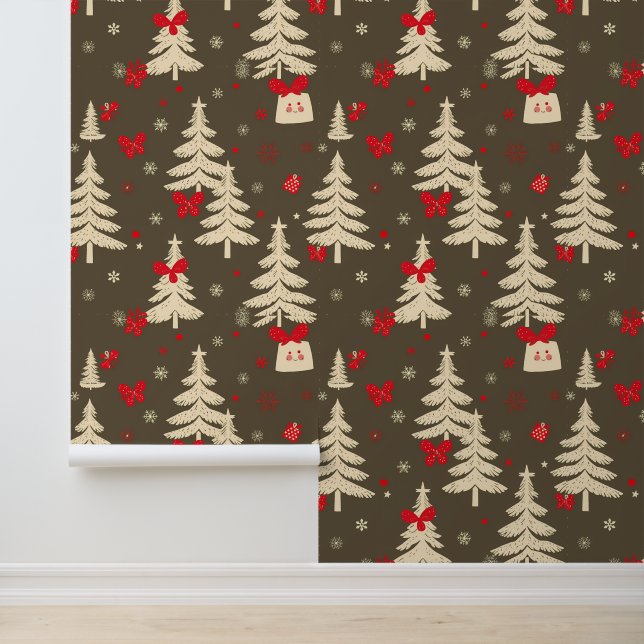 Papier Peint Arbres de Noël rustiques et vaches rouges (Application)
