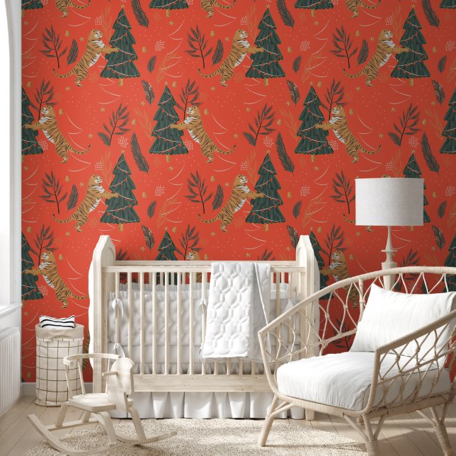 Papier Peint Arbres de Noël & tigres motif personnalisé arrière (Enfants)