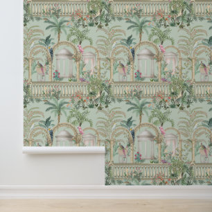 Papier Peint Arc de jardin grec vintage perroquet arbres tropic