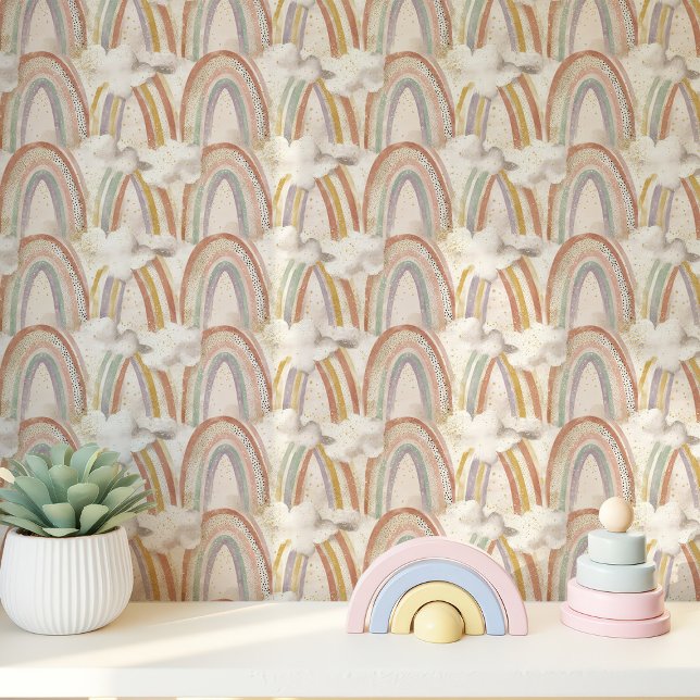 Papier Peint Arcs-en-ciel boho et nuages dans des pastels doux (Créateur téléchargé)
