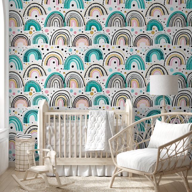 Papier Peint Arcs-en-ciel sarcelle rose et or (Enfants)
