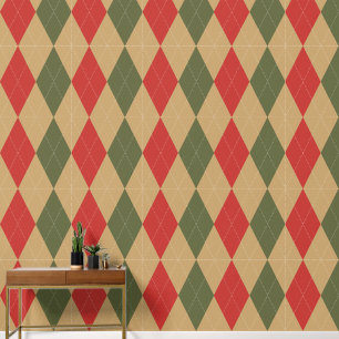Papier Peint Argyle Classique Kaki, Vert Militaire et Rouge Gra