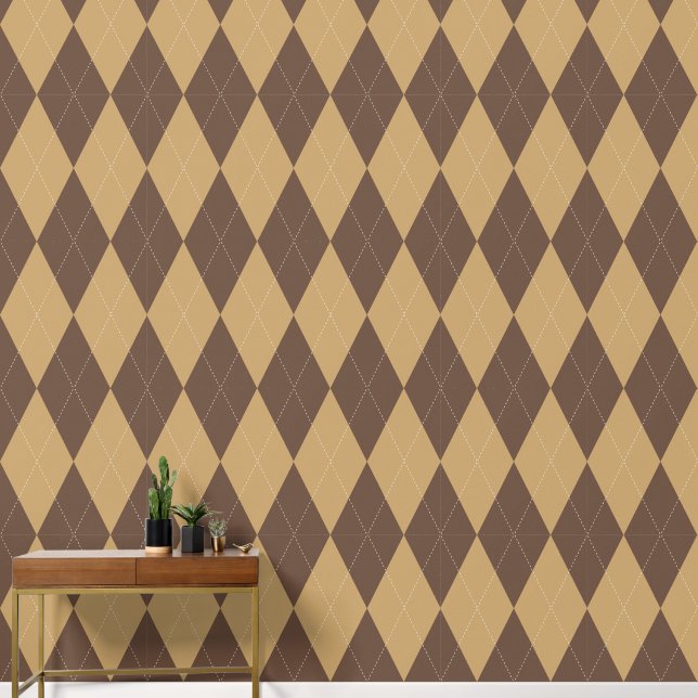 Papier Peint Argyle Classique Marron Chocolat & Kaki (Couloir)