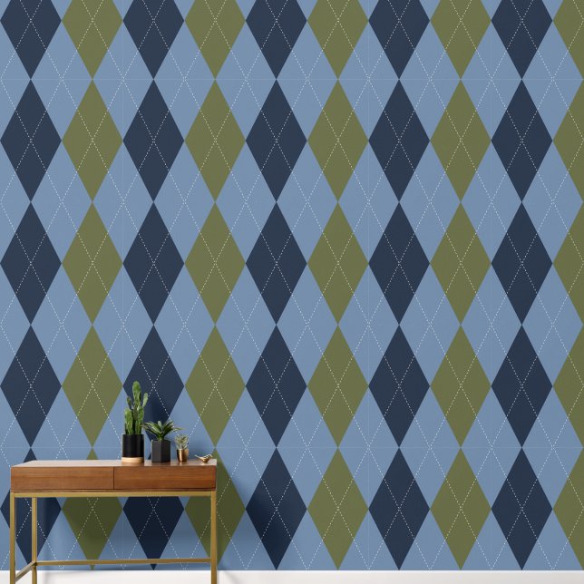 Papier Peint Argyle Classique Prépa Fumée Bleu, Marine Vert de  (Couloir)