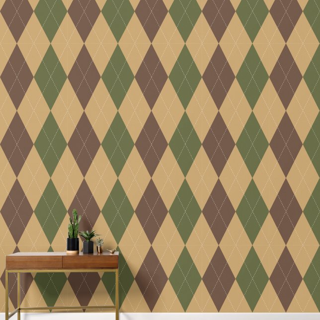 Papier Peint Argyle Classique Prépa Kaki, Vert Armée et Marron (Couloir)