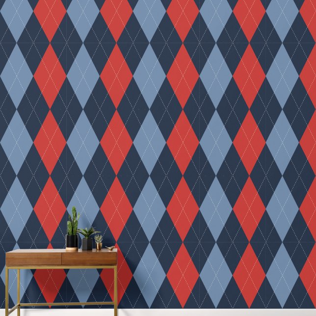 Papier Peint Argyle Classique Prépa Navy, Barn Rouge & Bleu Fum (Couloir)