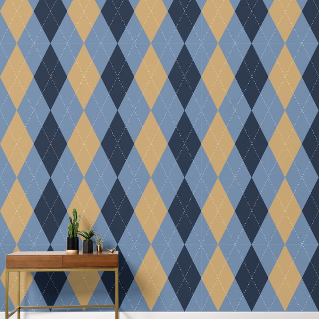 Papier Peint Argyle Classique Prépa Navy, Bleu Fumé & Kaki (Couloir)