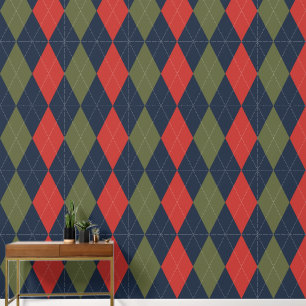 Papier Peint Argyle Classique Prépa Navy, Rouge de Grange & Ver