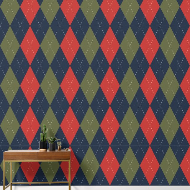 Papier Peint Argyle Classique Prépa Navy, Rouge de Grange & Ver (Couloir)