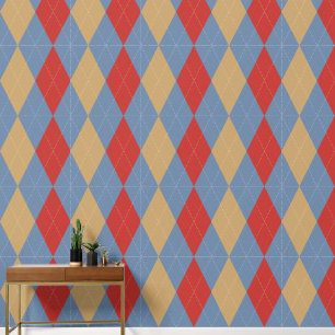 Papier Peint Argyle Classique Préparatoire Fumée Bleue, Rouge d