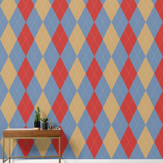 Papier Peint Argyle Classique Préparatoire Fumée Bleue, Rouge d (Couloir)