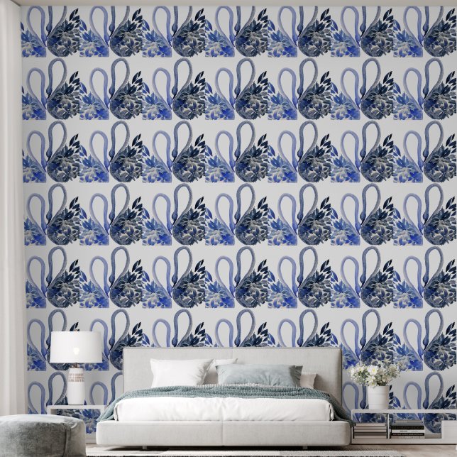 Papier Peint Art aquarelle des cygnes bleus (Chambre à coucher)