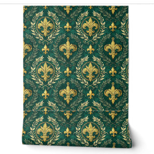 Papier Peint Art de motif damassé vert émeraude et fleur-de-lis