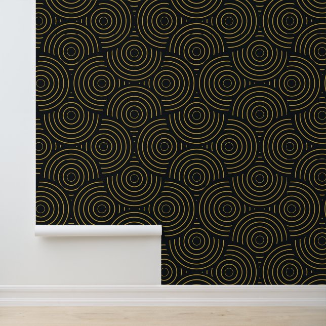 Papier Peint Art Déco Cercles Dorés Superposés sur Fond Noir  (Application)
