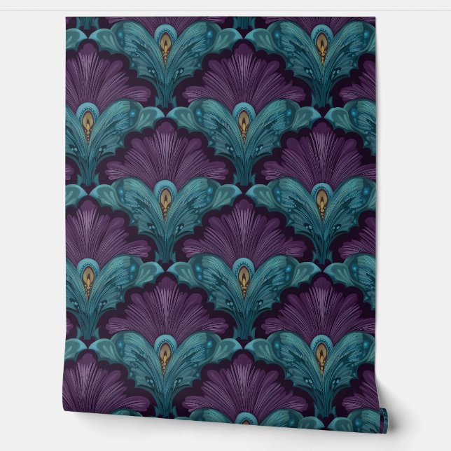 Papier Peint Art Deco Dark Purple and Teal Fans (Déroulement)
