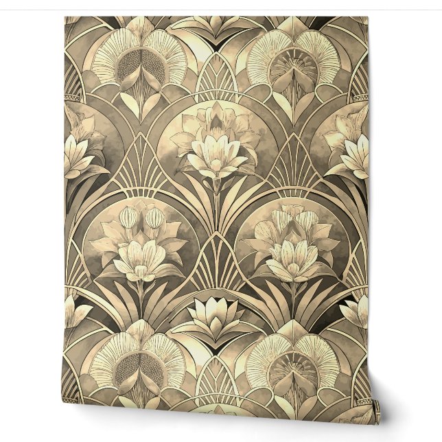 Papier Peint Art Déco Géométrique Floral Or (Déroulement)