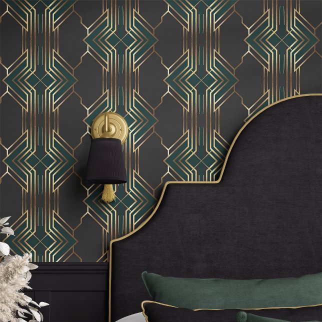 Papier Peint Art Déco Géométrique Vert et Or (Créateur téléchargé)