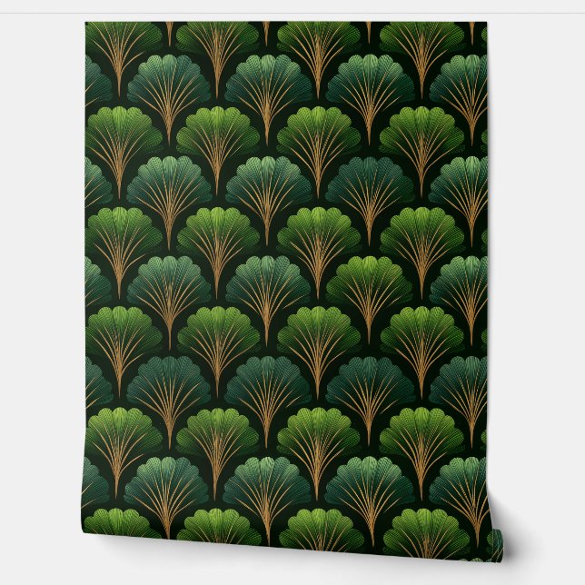 Papier Peint Art Deco Green and Gold Palm Leaves (Déroulement)