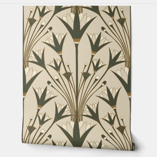 Papier Peint Art Deco Lotus - Scallop Lotus - Brown & Green (Déroulement)