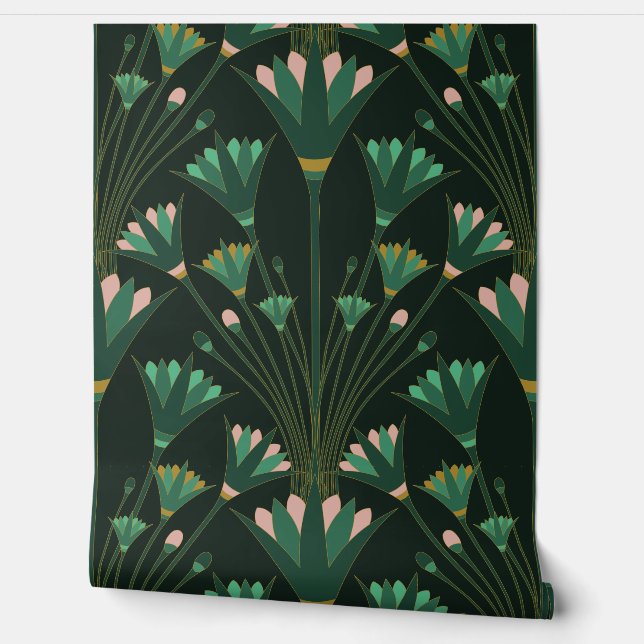 Papier Peint Art Deco Lotus - Scallop Lotus - Emerald Green (Déroulement)