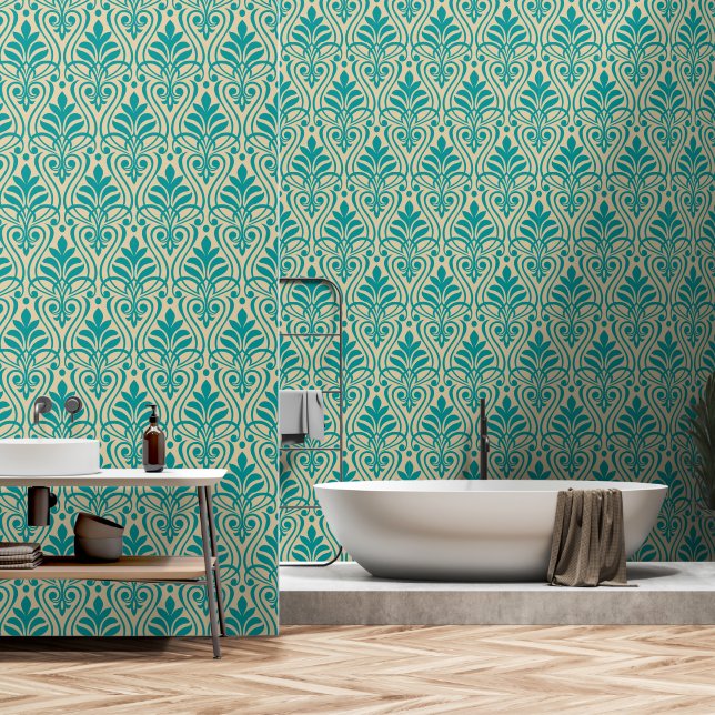 Papier Peint Art Déco Motif 01 - Turquoise sur Off-White (Salle de bain)