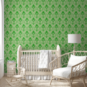 Papier Peint Art Déco Motif 01 - Vert forêt sur blanc cassé