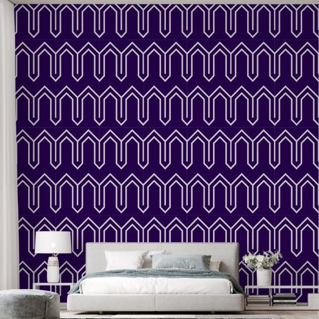 Papier Peint Art Déco Motif 05 - Blanc sur Cadbury Purple (Chambre à coucher)