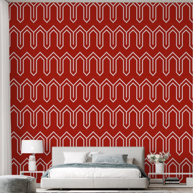 Papier Peint Art Déco Motif 05 - Blanc sur Perse Rouge (Chambre à coucher)