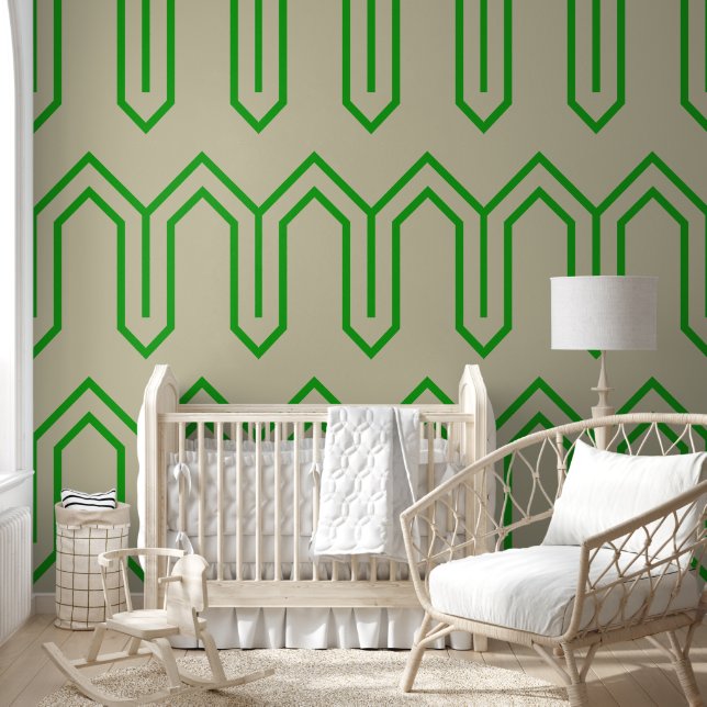 Papier Peint Art Déco Motif 05 - Vert forêt sur blanc cassé (Enfants)