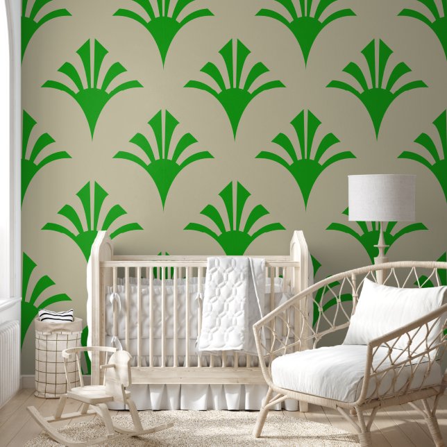 Papier Peint Art Déco Motif 2002 - Vert forêt sur blanc cassé (Enfants)