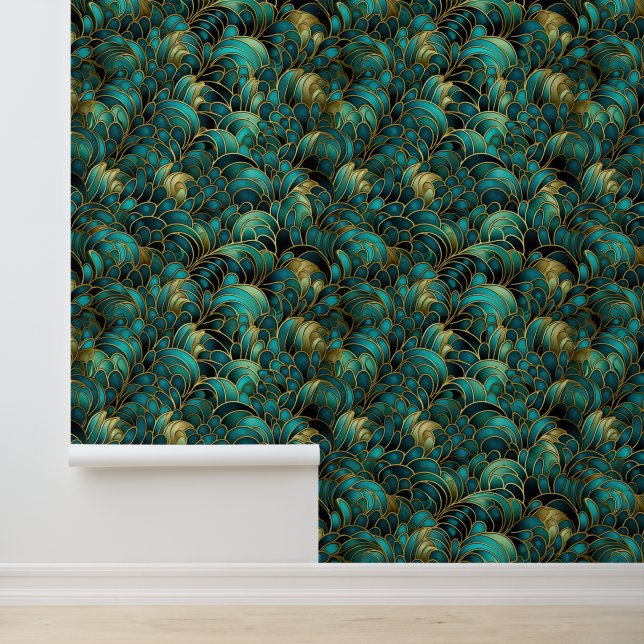 Papier Peint Art Déco vert sarcelle or  (Application)