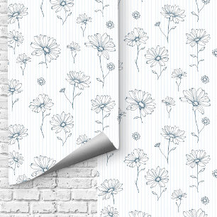 Papier Peint Art floral Cottagecore à la Marguerite Bleu Poussi