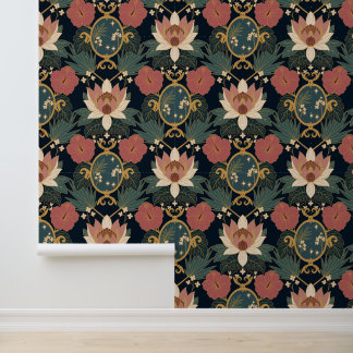 Papier Peint Art Nouveau Fleur de Lotus Sombre Vintage