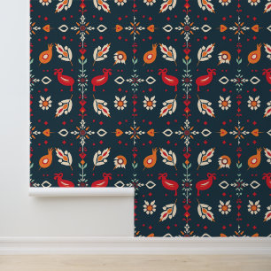 Papier Peint Art populaire indien Floral et Motif d'oiseaux