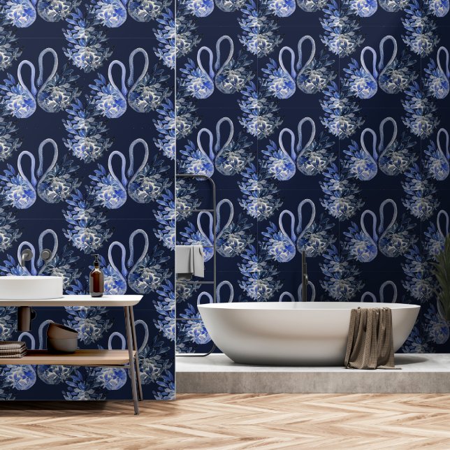 Papier Peint Artistic Blue Swans Aquarelle peinte à la main (Salle de bain)