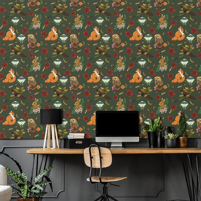 Papier Peint Automne Forêt forestière Animaux verts (Créateur téléchargé)