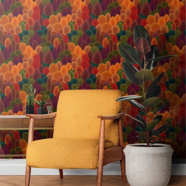 Papier Peint Autumnal rousty rouge vert et Motif d'oranger (Autumnal Rusty Red Green and Orange Tree Pattern Wallpaper from Ricaso. Stunning bold wall decor.)
