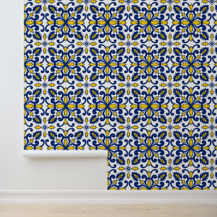 Papier Peint Azulejo standard Symétrie bleu rétro jaune floral