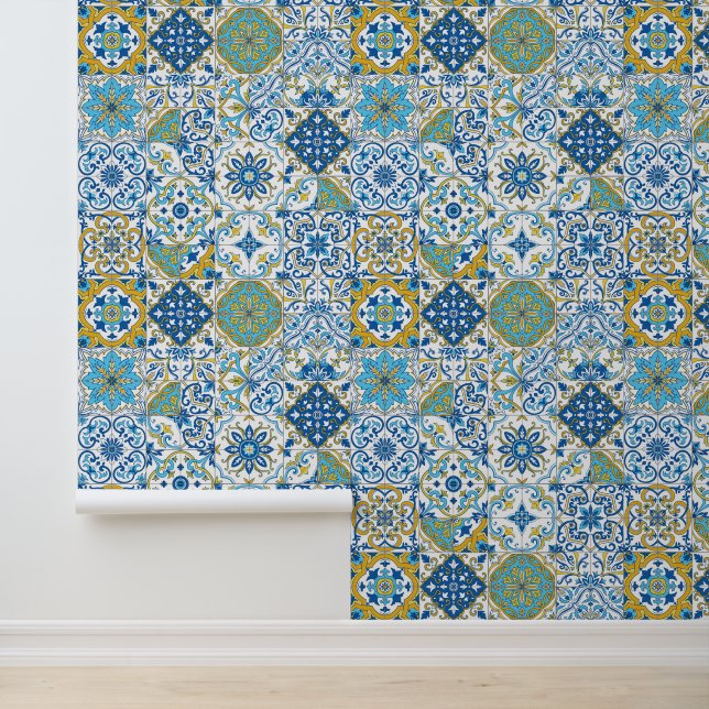 Papier Peint Azulejo tiles in blue and yellow (Application)