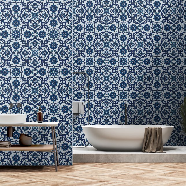 Papier Peint Azulejos Floral Carrelage Motif (Salle de bain)