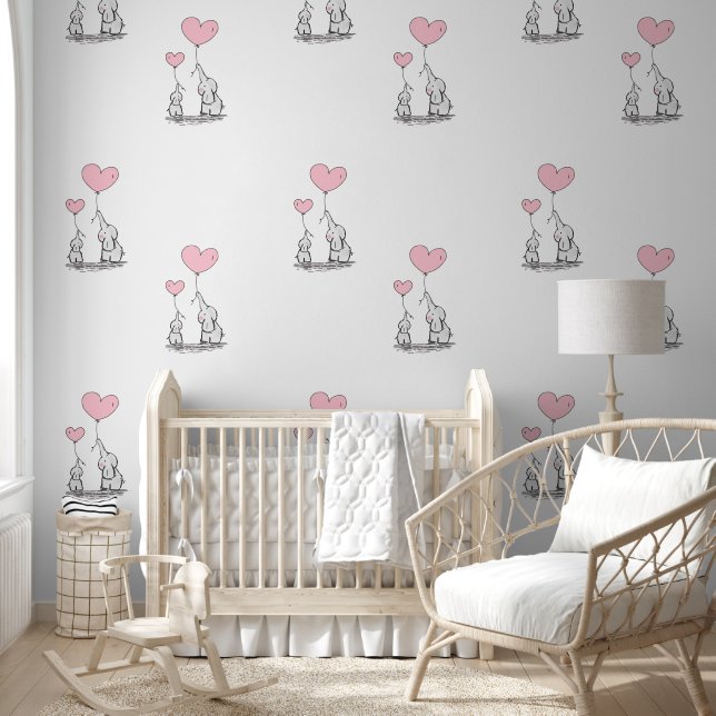 Papier Peint Baby Elephants & Ballons Coeur Rose Design (Enfants)