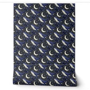 Papier Peint Baleine dans les étoiles avec la lune sur bleu fon