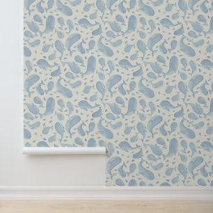 Papier Peint Baleine Paisley Bleue Aquarelle sur Crème